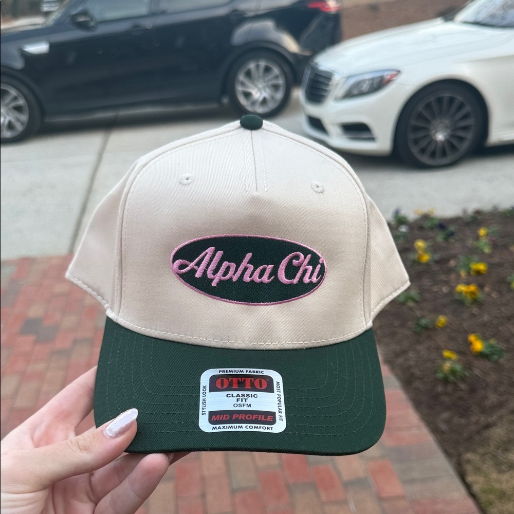 Alpha Chi Beige and Green Cap